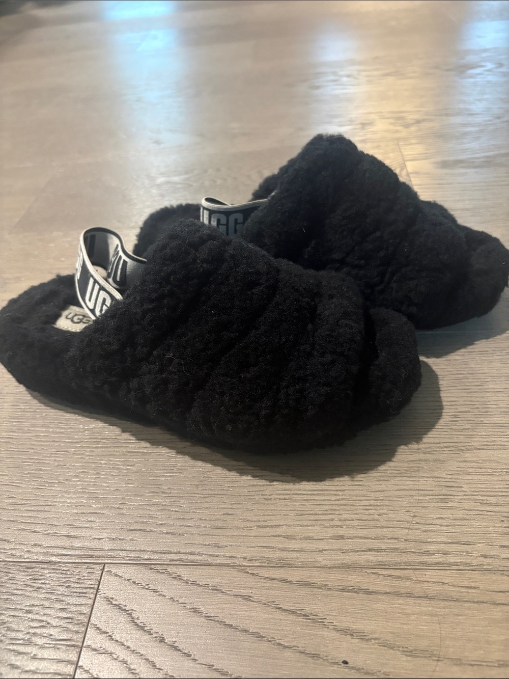 UGG Black Plush Slide Slippers with Branded Heel Strap